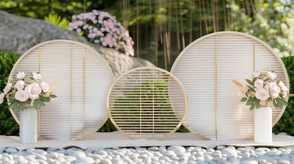 Elegant Round Bamboo and White Screen Panels with Flower Arrangements in Garden Setting