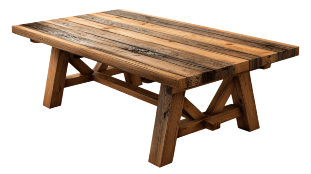 Isolated antique wooden dining furniture: an old brown table with a simple wooden chair