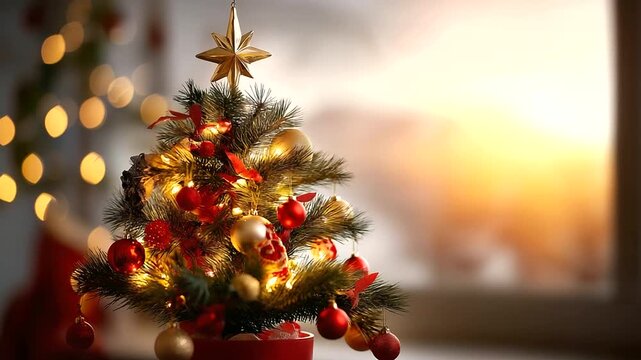 A stunningly decorated Christmas tree, glowing with warm white lights and redgold ornaments, a shining star on top. Cinematic, festive, magical. blurred background, with copy spac