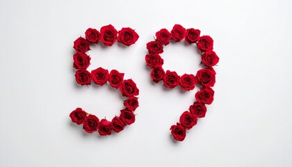 Obraz premium Number 59 made out of red roses with white background. Photo for birthday or anniversary party