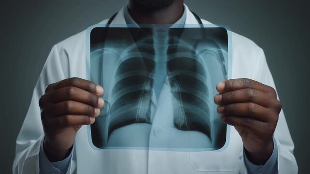 African American doctor in lab coat holding x-ray, offering medical expertise and insights into patient health and wellness with professional care