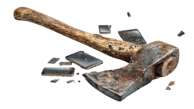 Old, sharp, metal axe with a wood handle plugged into a log, an isolated tool for construction work