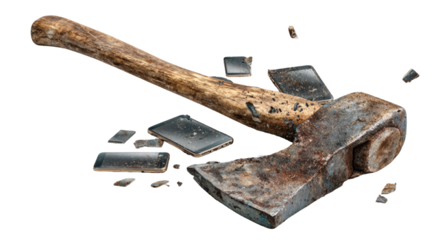 Old, sharp, metal axe with a wood handle plugged into a log, an isolated tool for construction work