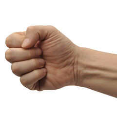 Closeup of a clenched human fist isolated on transparent background, ready to punch