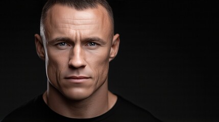Obraz premium Intense Portrait Of Bald Muscular Man With Serious Expression. Studio Shot On Black Background. Masculinity, Strength, Focus Concept Visuals