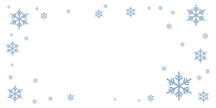 Blue snowflake border design on white background, featuring varied snowflake styles. Blank center space ideal for winter-themed invitations, greeting cards, and seasonal graphic templates.