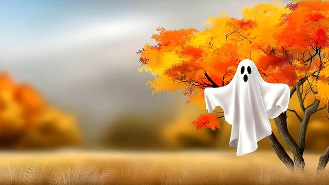 A stylized, minimalist design of a friendly ghost floating above an autumn field. Flat vector art style, pastel colors, modern interpretation. blurred background, with copy space