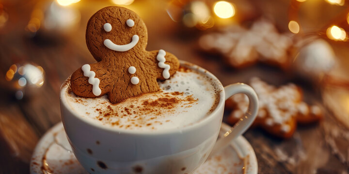 Close-up of a holiday coffee drink with a smiling gingerbread cookie in a cozy festive setting
