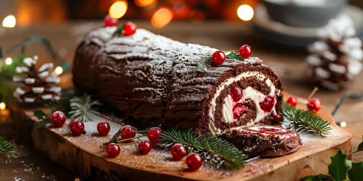 Delicious chocolate yule log cake decorated with meringue, berries, and pine branches on a rustic Christmas table. Traditional holiday dessert with rich filling and festive details