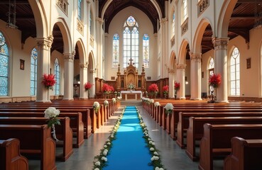 Fototapeta premium Grand church nave set for wedding ceremony. Blue carpet aisle lined with white flowers leads to altar. Red floral arrangements accent pillars. Sunlight streams through stained glass windows.