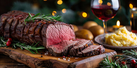 Sliced roast beef served on a rustic wooden board with holiday herbs, cranberries, and candles in the background.