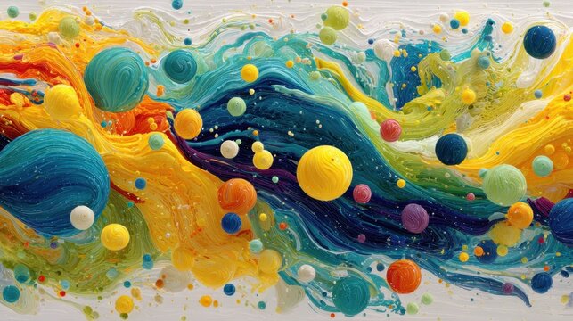 Vibrant abstract painting with swirling colors and playful spheres, perfect for adding a dynamic and modern touch to your project
