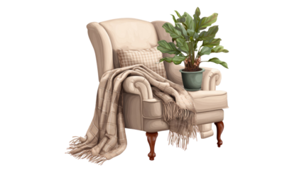 Comfortable green plant in a pot sitting on a vintage leather armchair as home decor