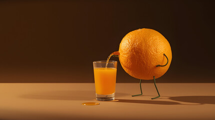 A fresh glass of orange juice with ripe oranges on a table