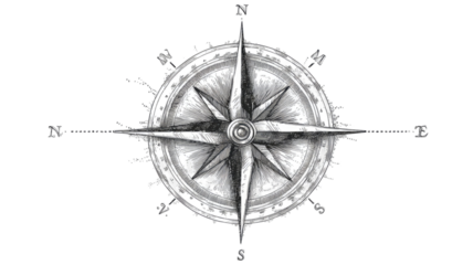 Vintage compass and map illustration showing north, south, east, and west directions for navigation and adventure travel