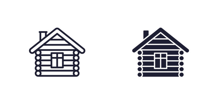 cabin icon, wooden hut in line and solid design