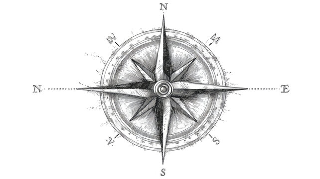 Vintage compass and map illustration showing north, south, east, and west directions for navigation and adventure travel