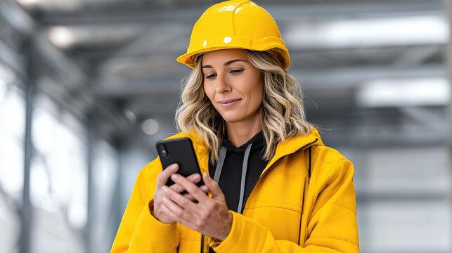 Female Engineer Wearing Yellow Safety Jacket And Helmet Using Smartphone In Industrial Facility. Communication, Construction, Technology, Real Estate