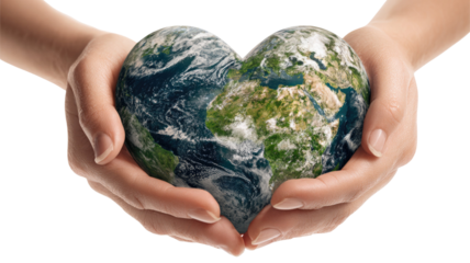 Hands holding a green and blue globe in heart shape symbolizing global care and environmental protection for the world