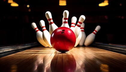 Bowling pins, a wooden bowling alley, a red bowling ball, and a blurry background