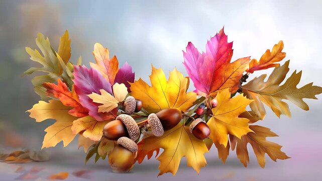 A watercolor illustration of autumn elements colorful maple leaves, acorns, and small mushrooms arranged in a wreath. Soft, painterly, seasonal. blurred background, with copy spac