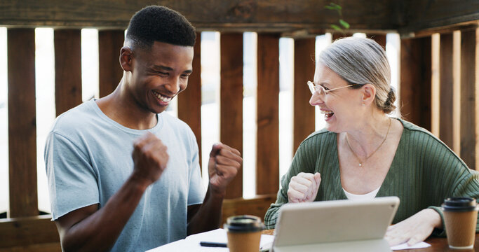 Tablet, celebration and business people in cafe with discussion for creative project with plan. Happy, cappuccino and magazine editor with manager for article publishing with digital technology. - Powered by Adobe