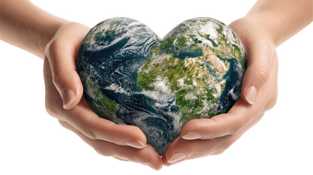 Hands holding a green and blue globe in heart shape symbolizing global care and environmental protection for the world - Powered by Adobe