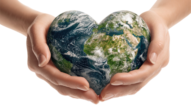 Hands holding a green and blue globe in heart shape symbolizing global care and environmental protection for the world
