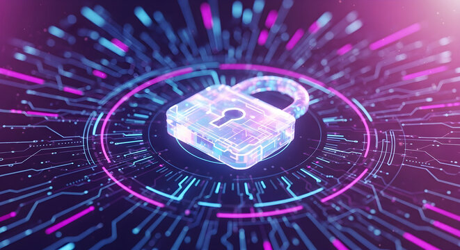 A digital padlock surrounded by glowing lines and circles, symbolizing cybersecurity and data protection in the modern digital age