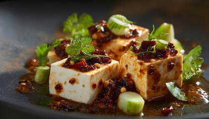 food photograph featuring Mapo Tofu crafted in molecular kitchen style, beautifully decorated with intricate details