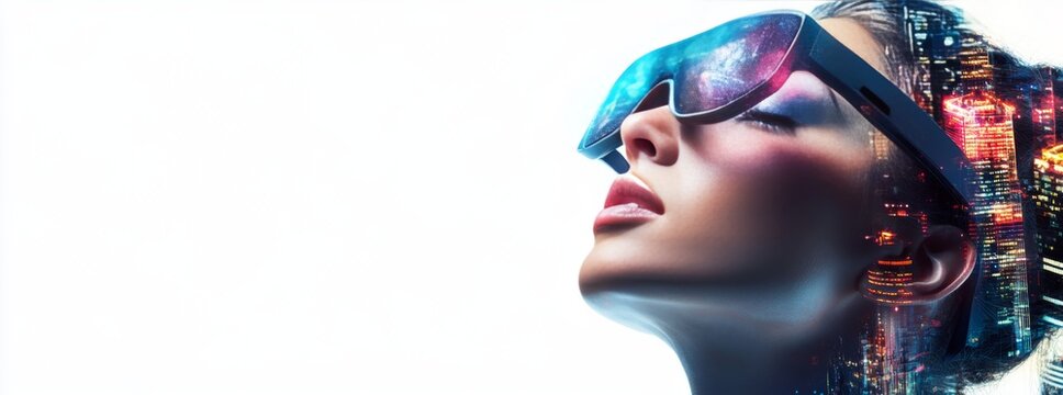 Woman wearing futuristic vr glasses experiencing metaverse city