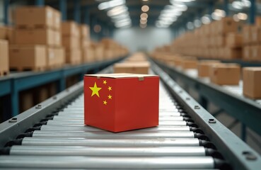 Red cardboard box with China flag moves on conveyor belt. Boxes transport in warehouse intl shipping trade. Logistic transit goods delivery. Global import export process in e-commerce sector.