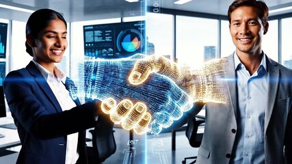 Man and woman in modern office smiling at holographic handshake with data screens in background. - Powered by Adobe