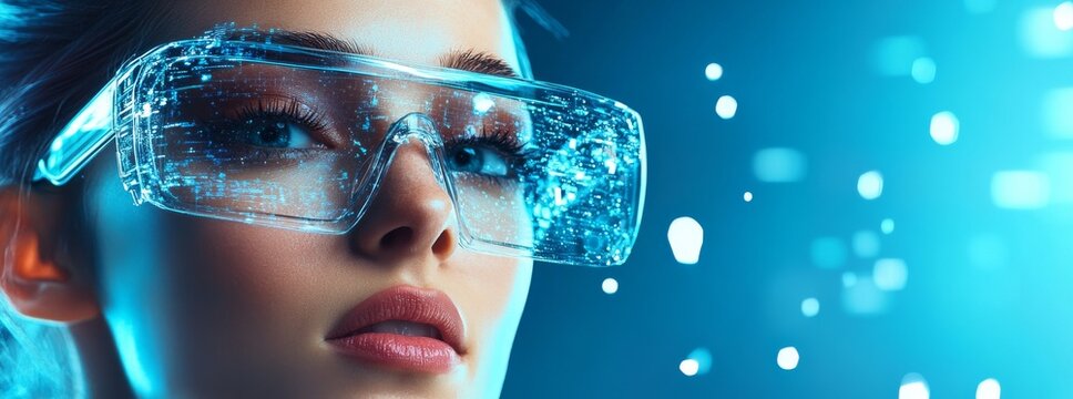 Woman wearing smart glasses with futuristic digital interface and colorful glitch effect