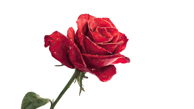 Single beautiful red rose with green leaf, isolated on white background, symbolizing love and romance