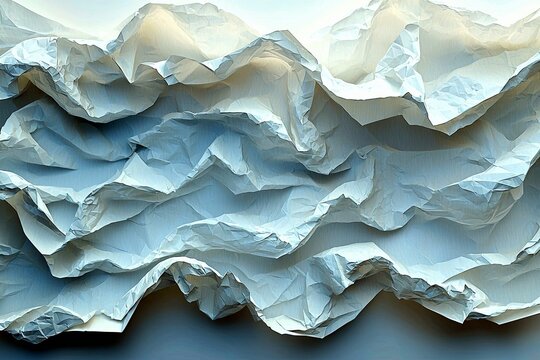 A close-up, abstract view of crumpled white paper, showing layers of folds and shadows that create a textured, mountainous landscape.