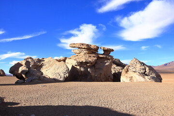 The famous stone tree rock formation (Arbol de Piedra) in the Siloli desert in the region of the Uyuni Salt Flat, Bolivia, South America