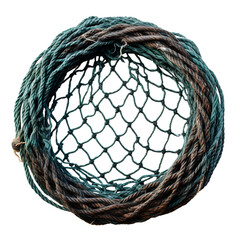 Close up of a green and brown rope net on a black background