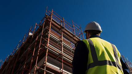 Construction worker observes the framework of scaffolding on a building under construction against a clear blue sky on a sunny day. The worker is in safety gear.