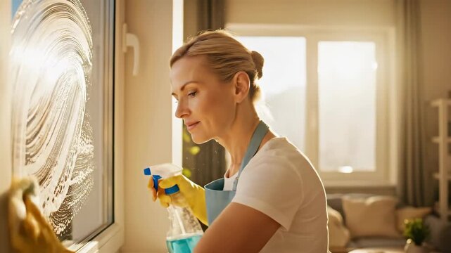 Woman cleaning a window with a sponge and spray bottle, applying soapy solution and wiping glass for a sparkling finish.