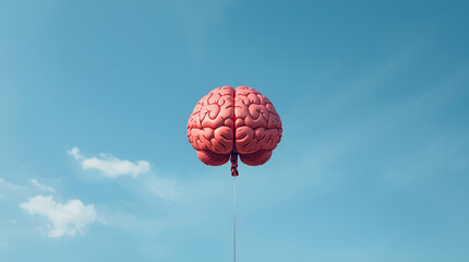 A conceptual image featuring a human brain in the clouds cradling a red heart