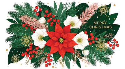 Festive christmas floral arrangement featuring a vibrant red poinsettia, white anemones, holly berries, and evergreen branches