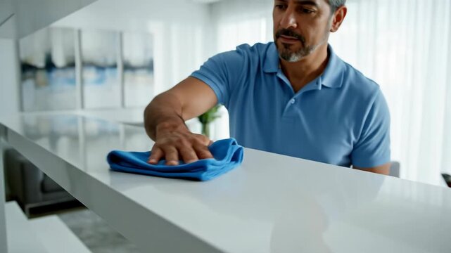 Man wiping a sleek white counter with a blue microfiber cloth, cleaning a modern home bar area for cleanliness and hygiene concept.