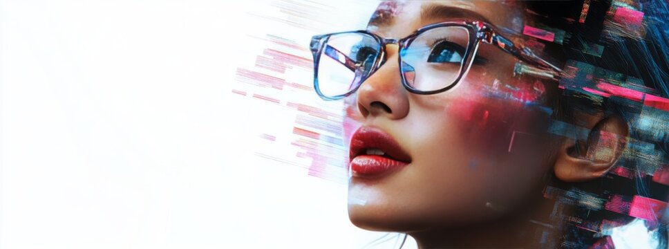 Businesswoman wearing glasses and immersed in futuristic glitch art effect - Powered by Adobe