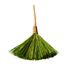 A green broom with a wooden handle on a black background