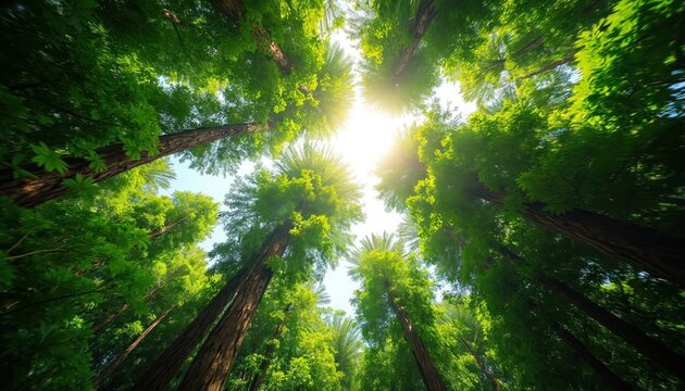 Sunlight filters through dense tropical rainforest canopy in Thailand. Tall trees create vibrant green ceiling with shafts of light illuminating forest floor. Image evokes serenity, highlights