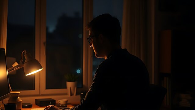 debugging. A programmer working late at night, with a warm desk lamp glowing against a dark office backdrop. product launch decks, UI/UX mockups, designed for product launches and innovation pitches.