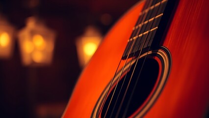 concet. Close-up of an acoustic guitar with warm wooden tones and a soft bokeh background of glowing orbs. tutorial guides, club newsletters, designed for sports & leisure club marketing.