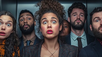 A diverse group of six individuals look shocked in a cramped elevator, showcasing varied expressions and styles.