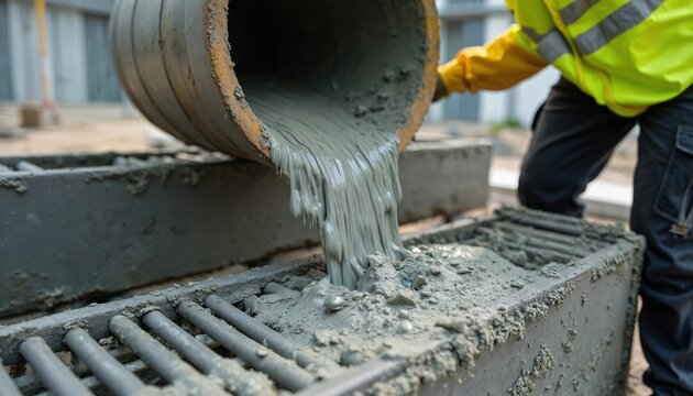 Worker pours wet concrete into mold. Grey mix flows from pipe to form. Construction labor in progress at urban landscape. Industrial worker wearing safety outfit fills container with cement.
